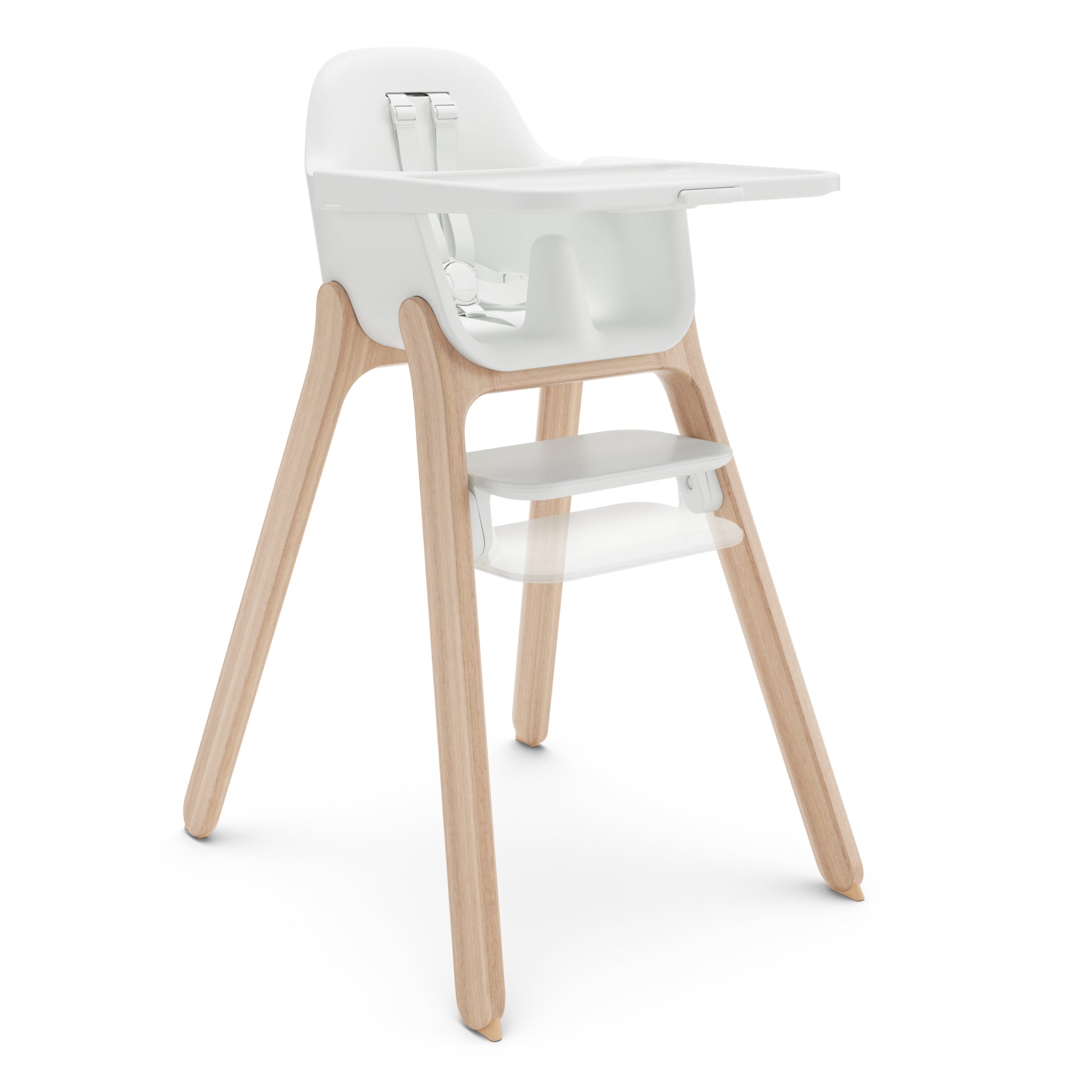 White high chair with light wood legs and adjustable tray