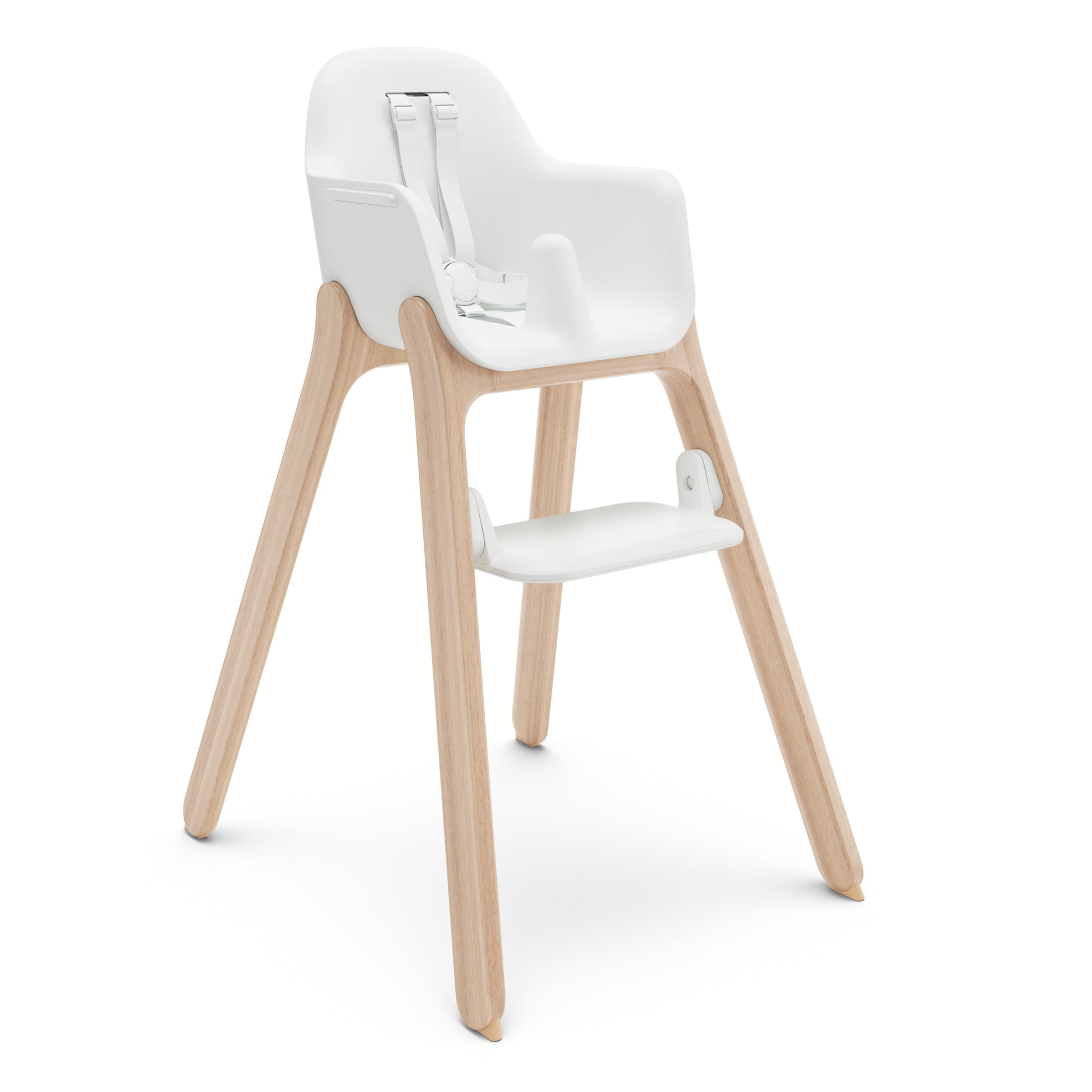 White high chair with light wood legs and integrated safety harness