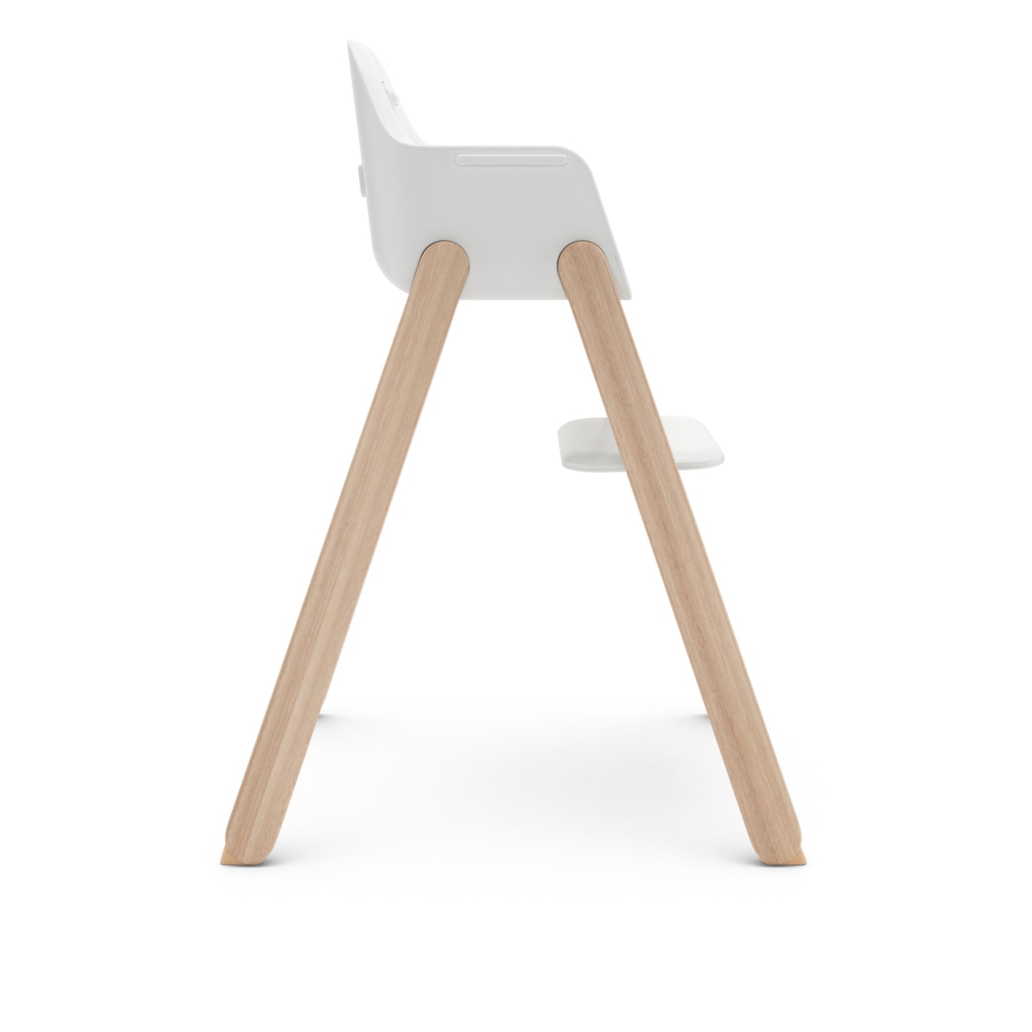 Side view of a white high chair with light wood legs and a footrest