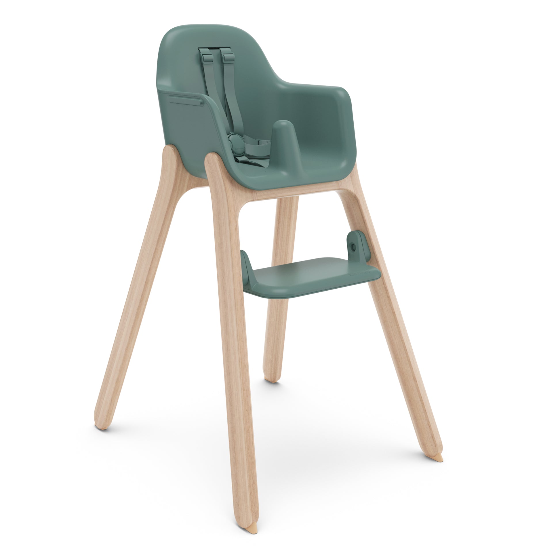 Sage green high chair with light wood legs and adjustable footrest