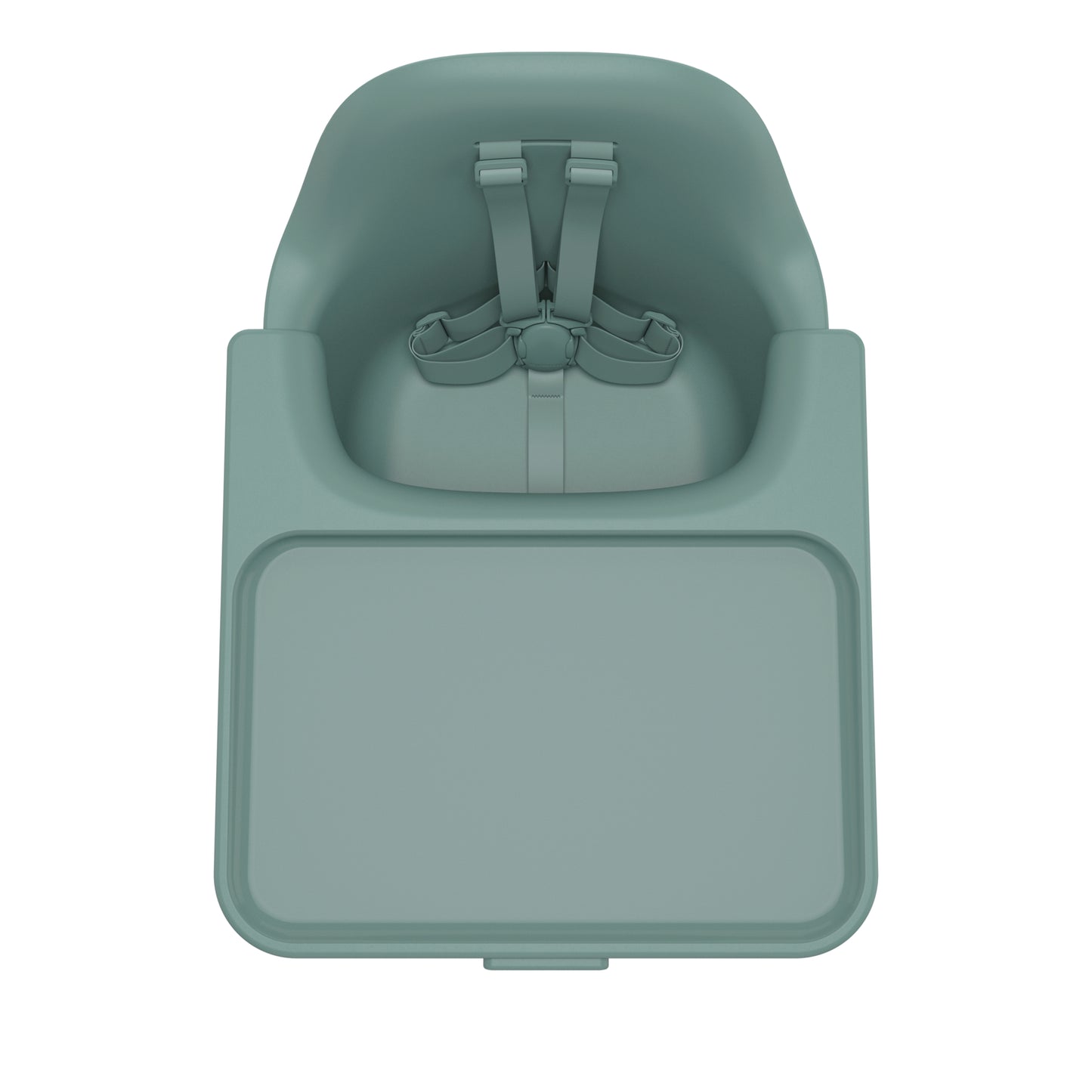 Top view of UPPAbaby sage green high chair seat with integrated tray and safety harness