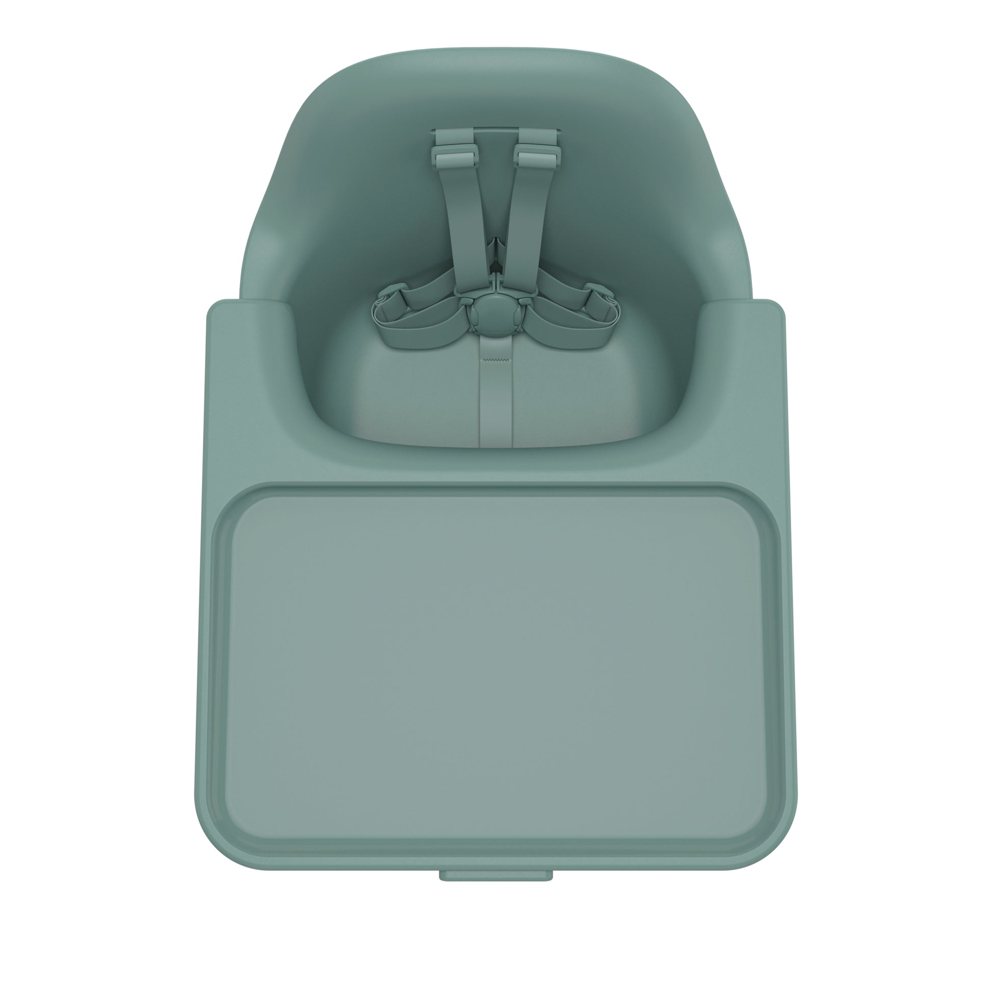 Top view of UPPAbaby sage green high chair seat with integrated tray and safety harness