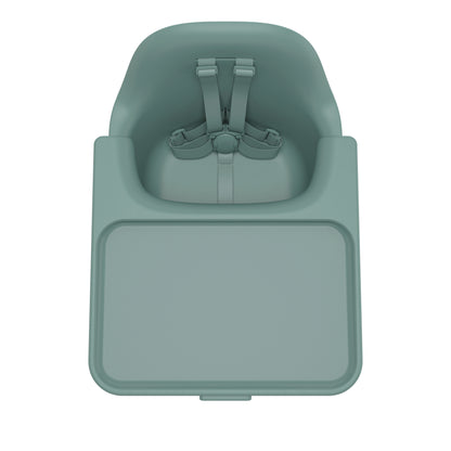 Top view of UPPAbaby sage green high chair seat with integrated tray and safety harness