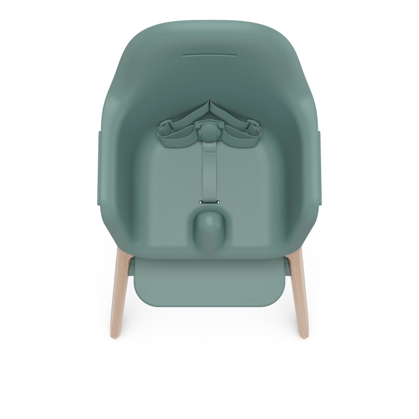 UPPAbaby sage green high chair with wooden legs and safety harness
