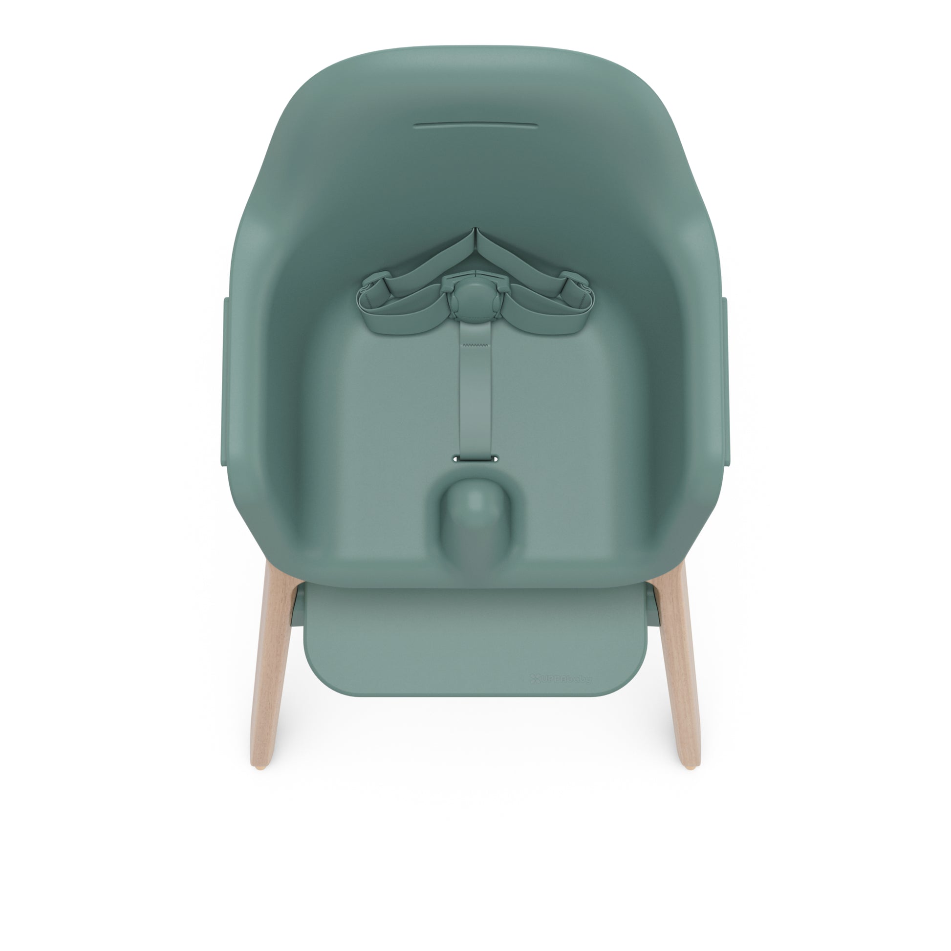 UPPAbaby sage green high chair with wooden legs and safety harness