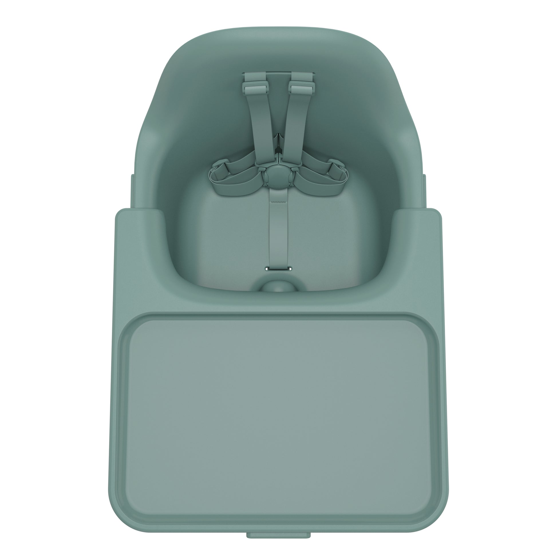 Sage green UPPAbaby high chair seat with integrated tray and five point harness