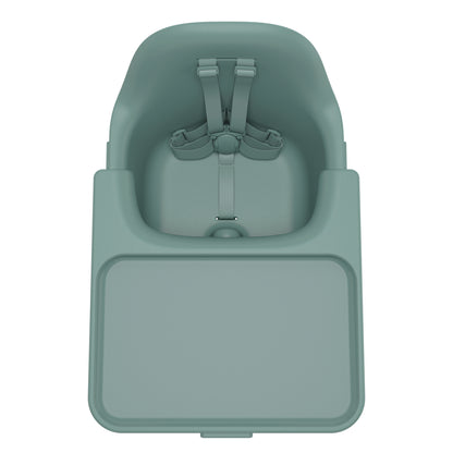 Sage green UPPAbaby high chair seat with integrated tray and five point harness