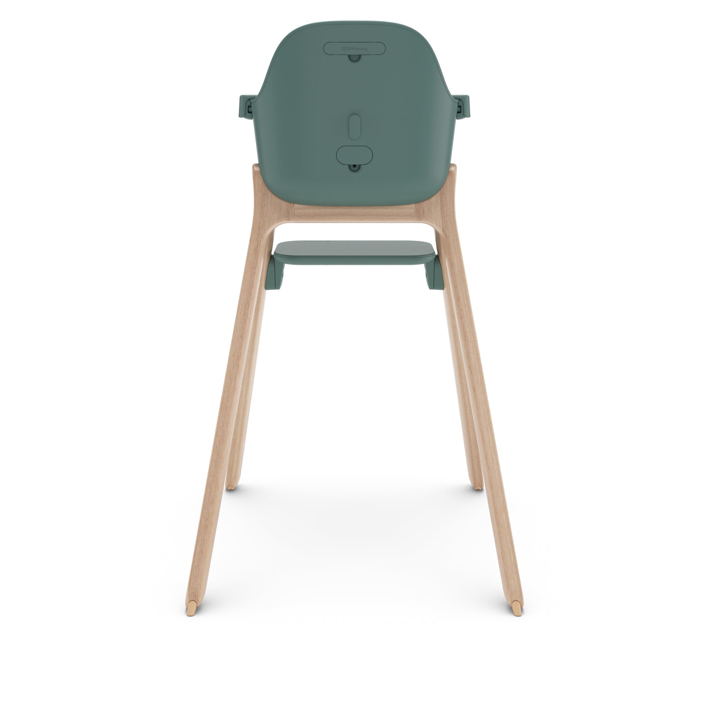 Back view of UPPAbaby high chair with green seat and wooden legs