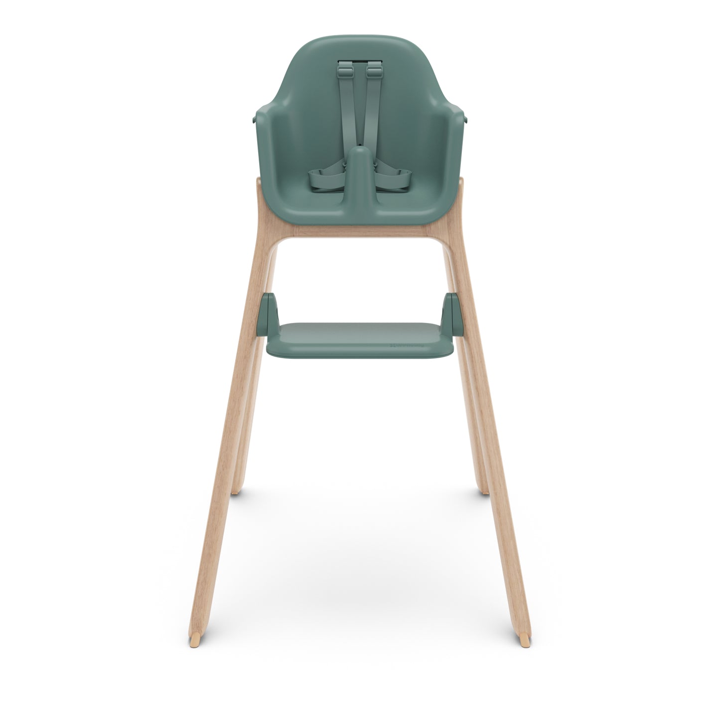 UPPAbaby green high chair with wooden legs and harness