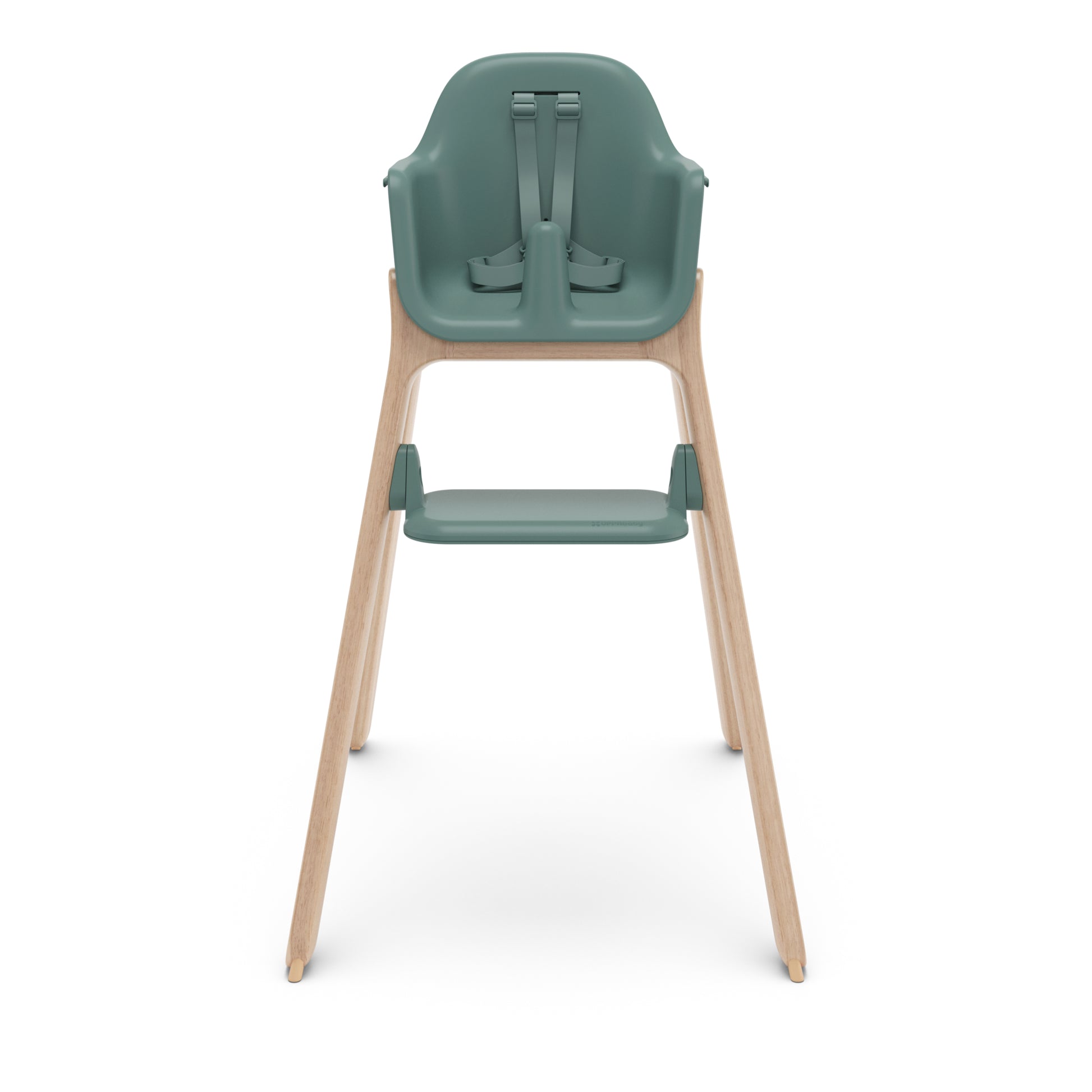UPPAbaby green high chair with wooden legs and harness