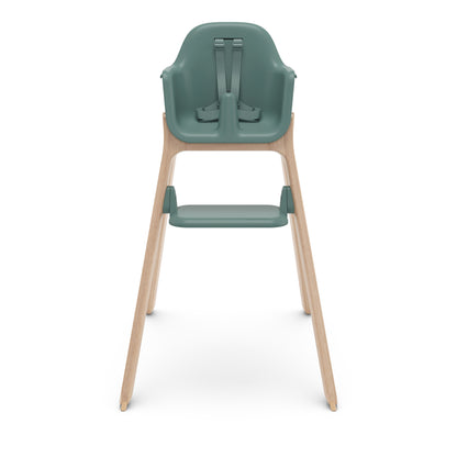 UPPAbaby green high chair with wooden legs and harness