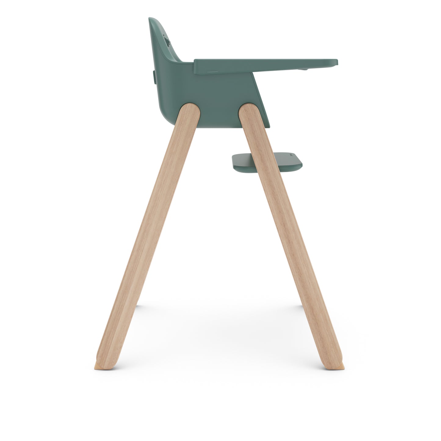Side view of a green plastic high chair with light wood legs and a footrest
