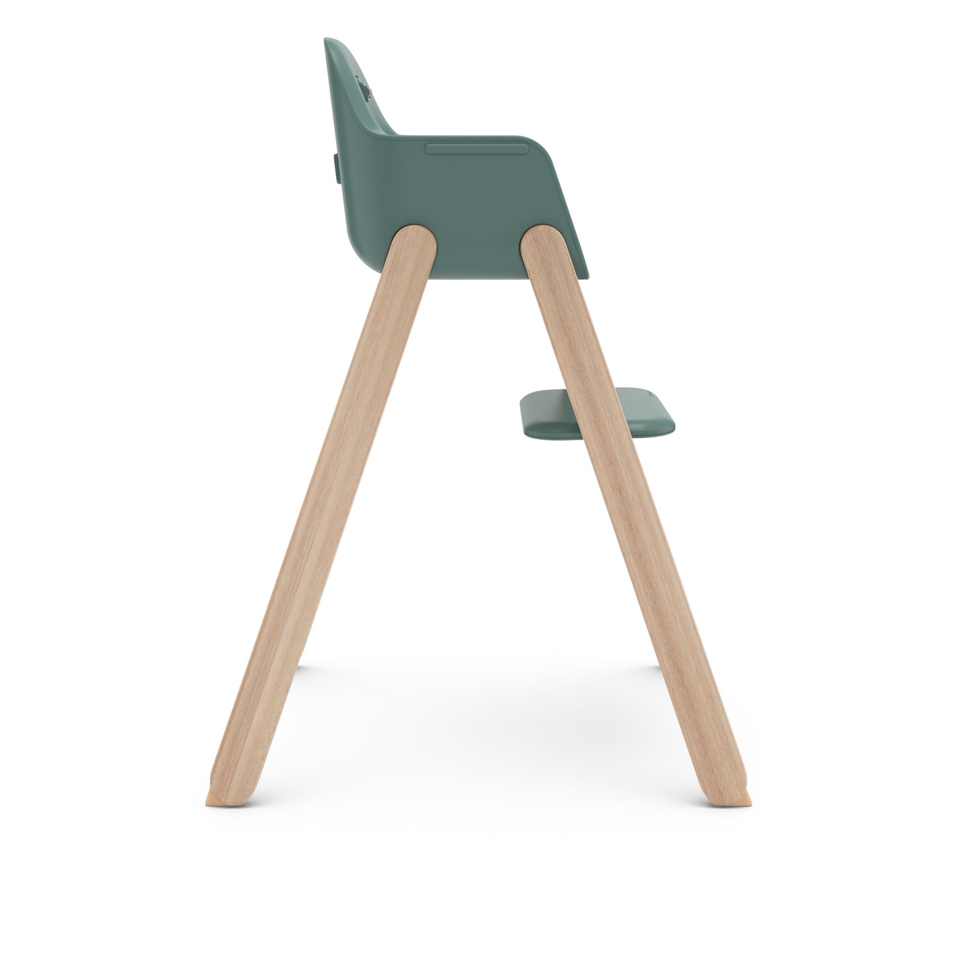Side view of UPPAbaby high chair with green seat and wooden legs
