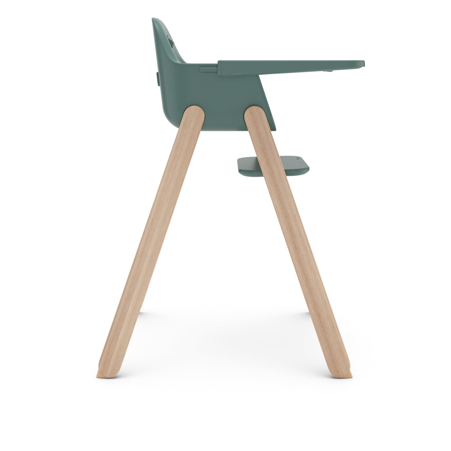Side view of a green high chair with light wood legs and a tray