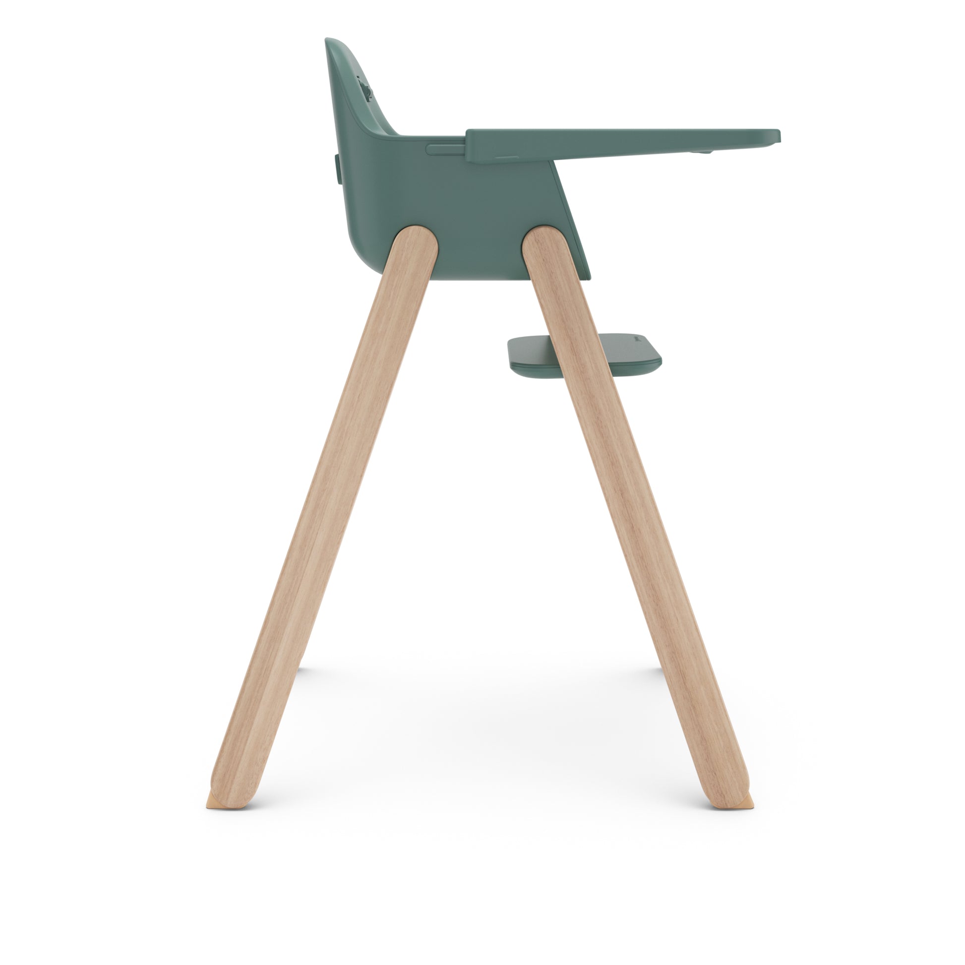 Side view of a green high chair with light wood legs and a tray