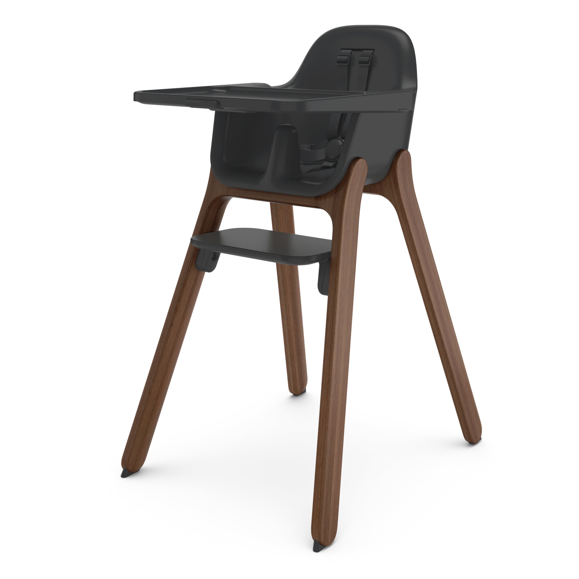 Black high chair with wooden legs and a removable tray
