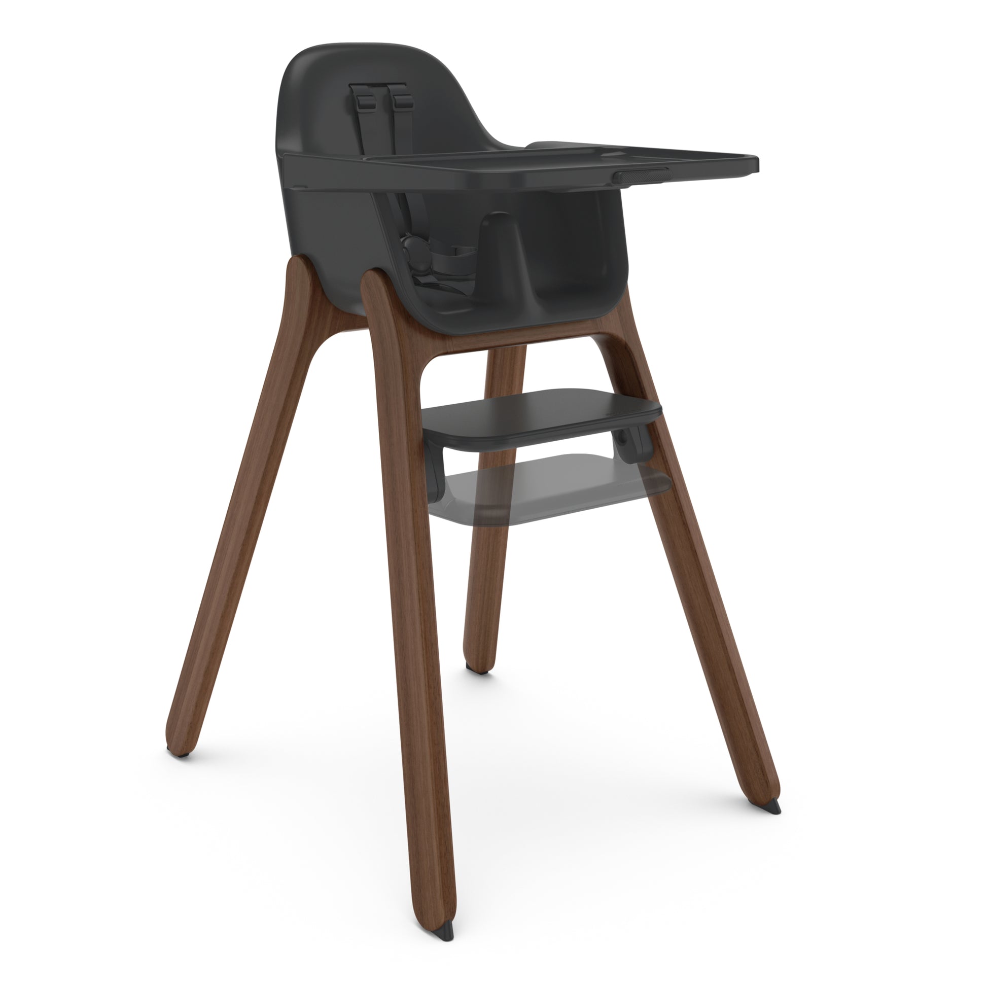 Charcoal grey high chair with wooden legs and adjustable tray