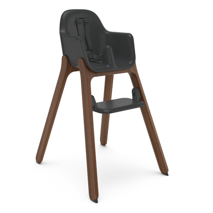 Charcoal grey high chair with wooden legs and adjustable footrest