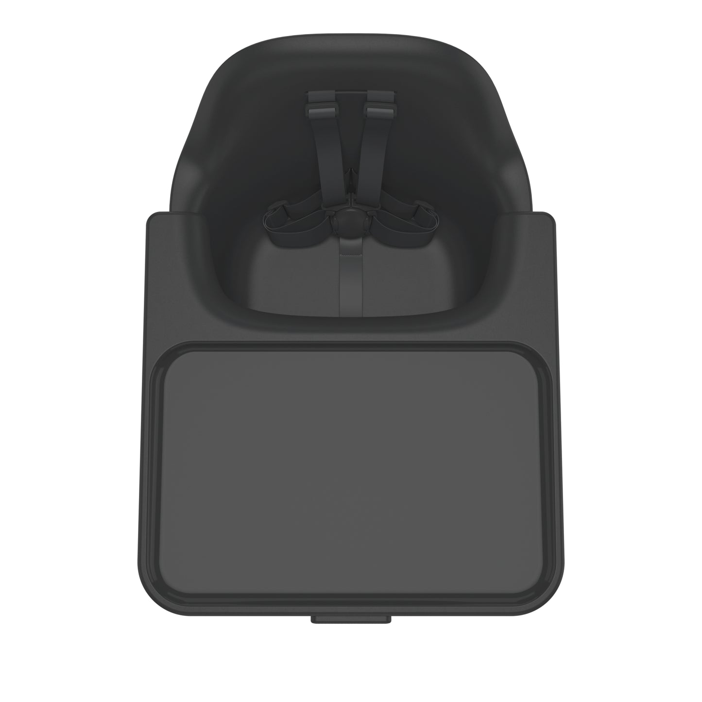 Top view of black high chair seat with tray and safety harness