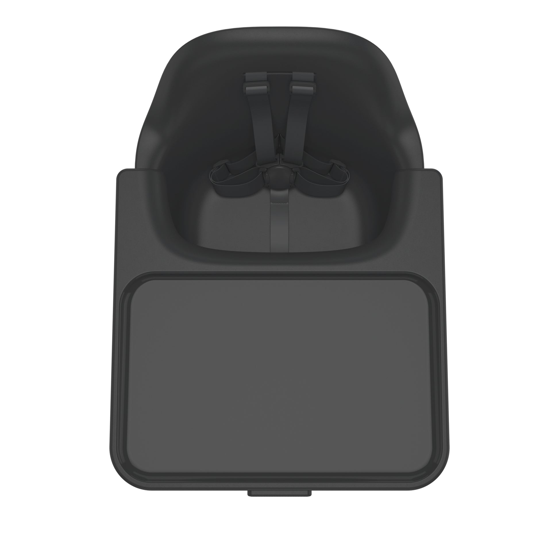 Top view of black high chair seat with tray and safety harness