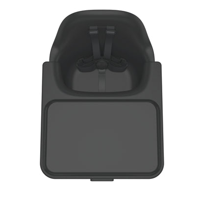Top view of black high chair seat with tray and safety harness