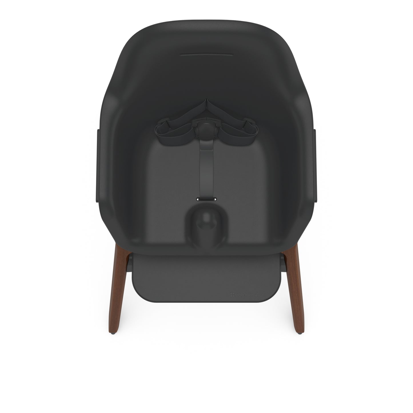 Uppababy high chair with black seat and wooden legs viewed from above
