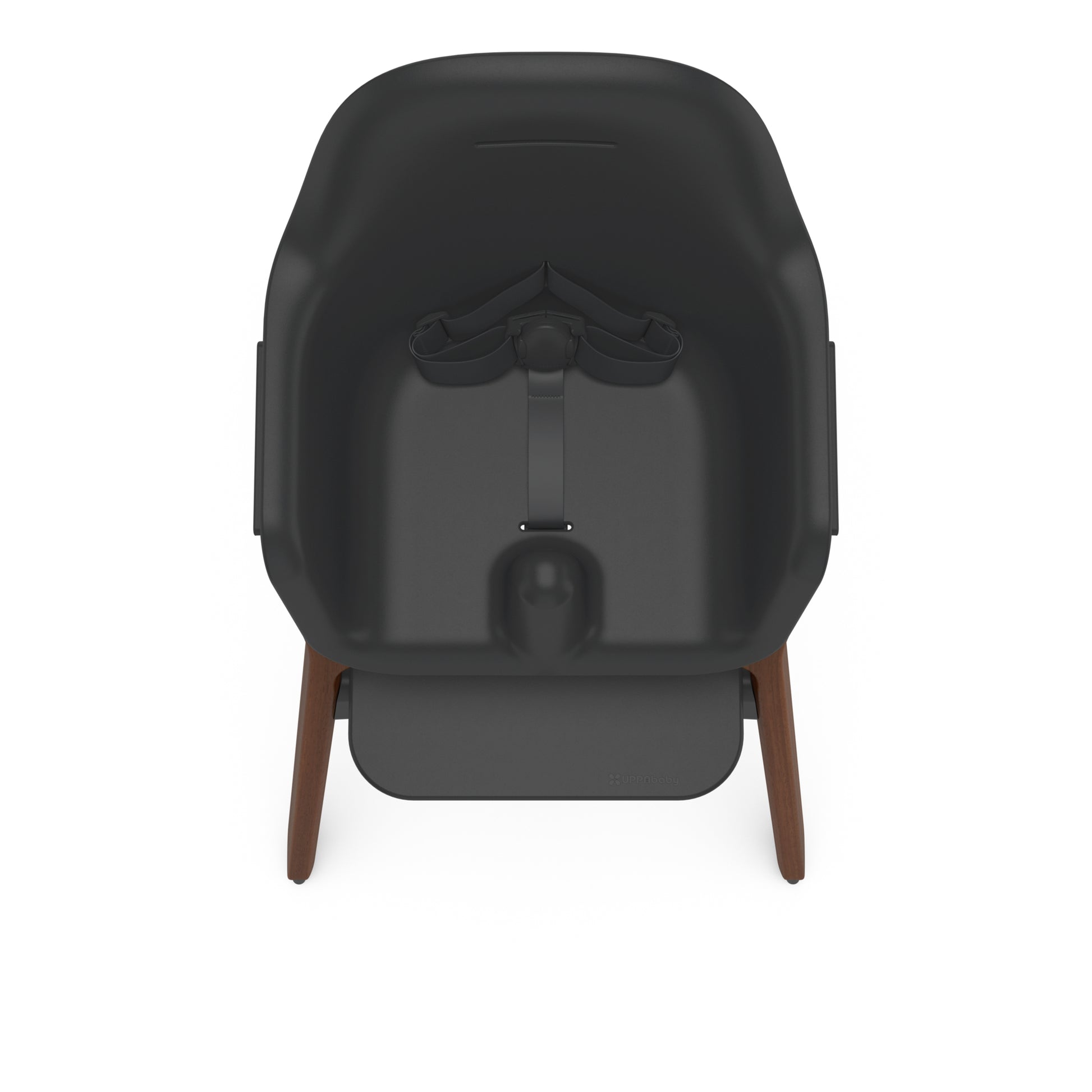 Uppababy high chair with black seat and wooden legs viewed from above