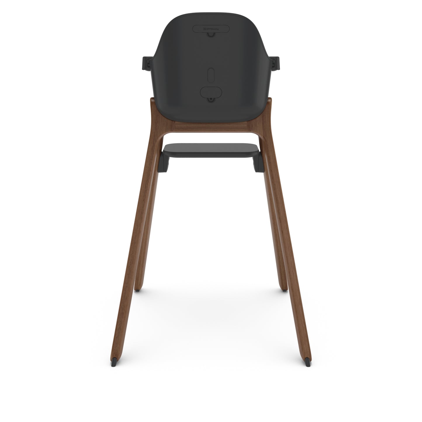 Back view of UPPAbaby high chair with dark grey seat and wooden legs