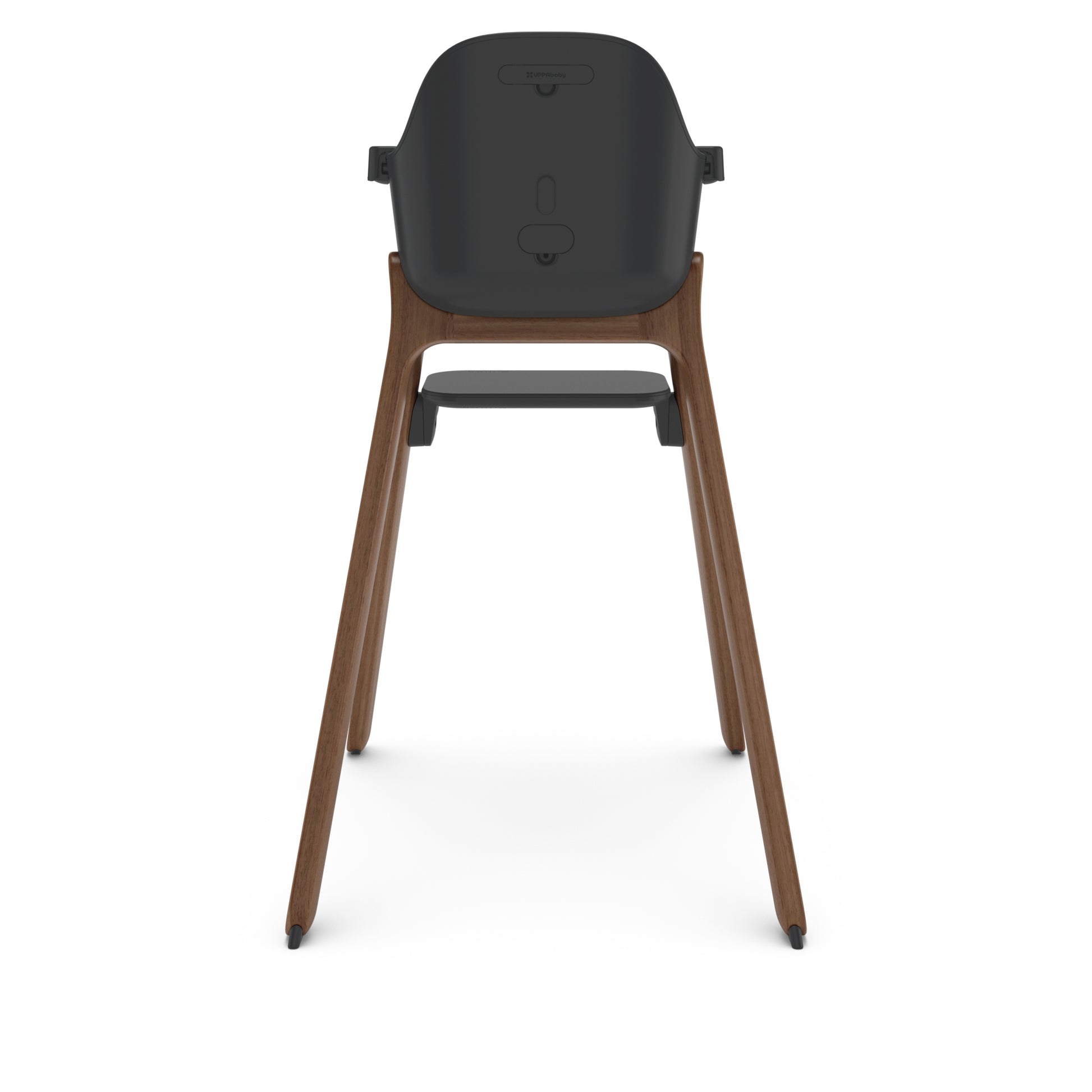 Back view of UPPAbaby high chair with dark grey seat and wooden legs