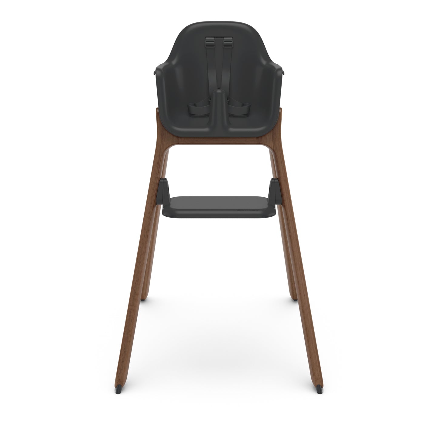 Charcoal grey high chair with wooden legs and safety harness