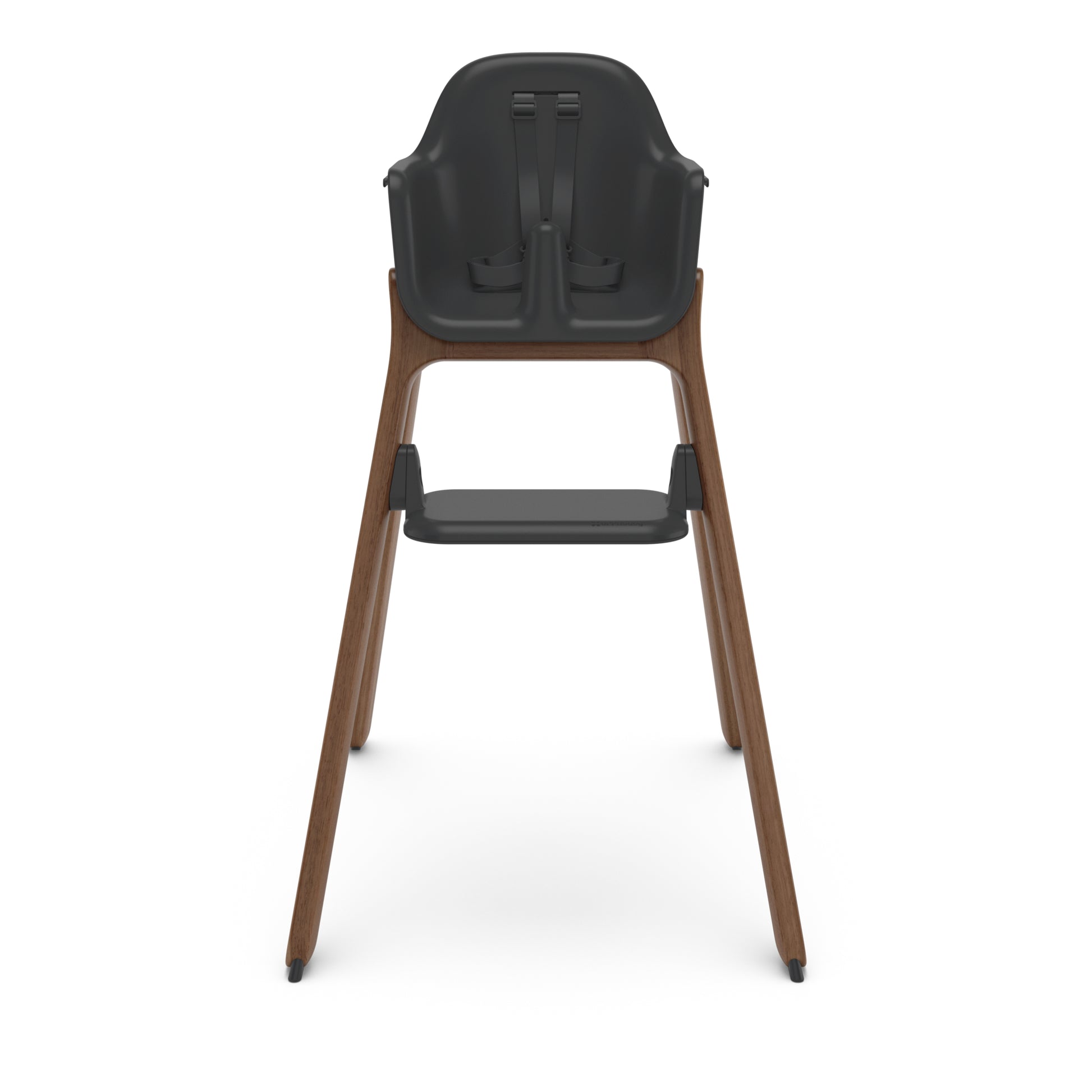 Charcoal grey high chair with wooden legs and safety harness