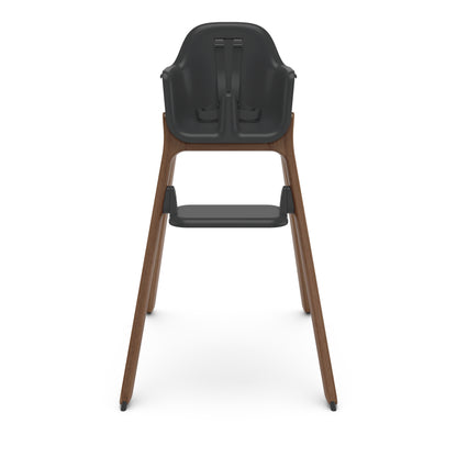 Charcoal grey high chair with wooden legs and safety harness