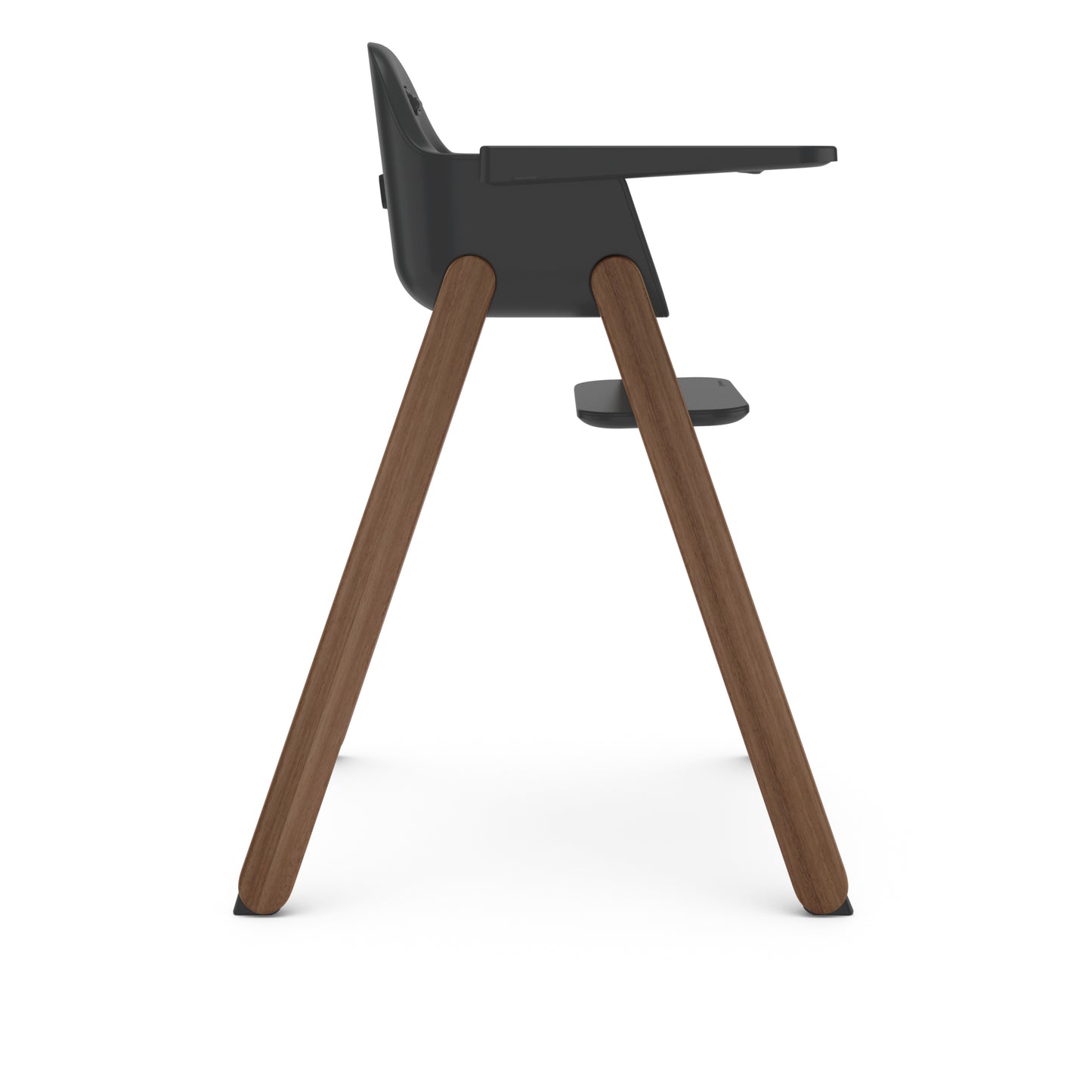 Side view of UPPAbaby high chair with dark grey seat and wooden legs