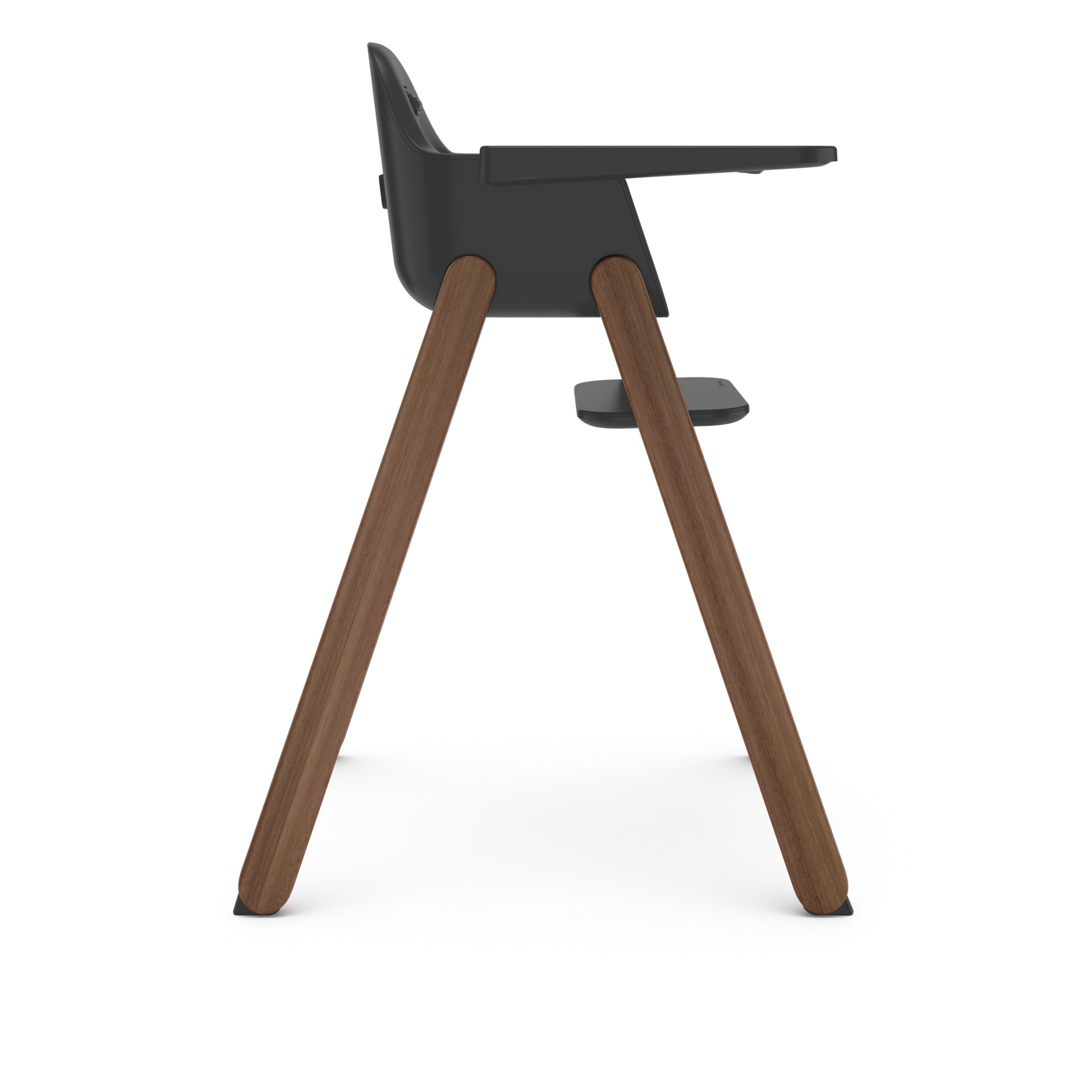 Side view of UPPAbaby high chair with dark grey seat and wooden legs