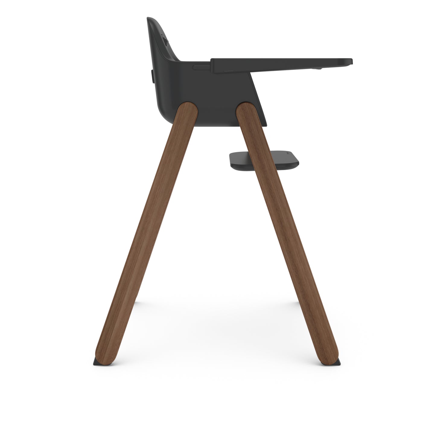 Side view of a black high chair with wooden legs and a tray