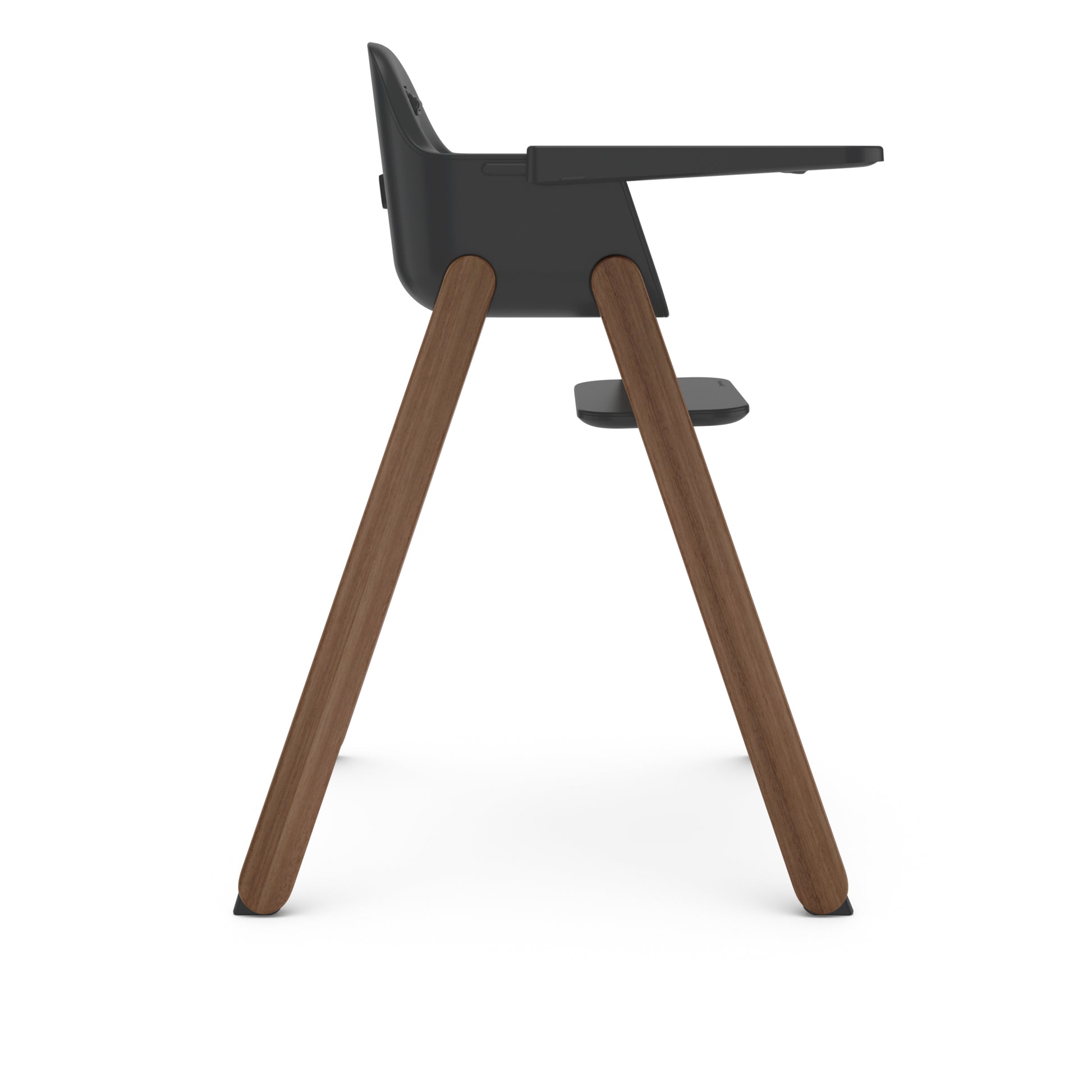 Side view of a black high chair with wooden legs and a tray