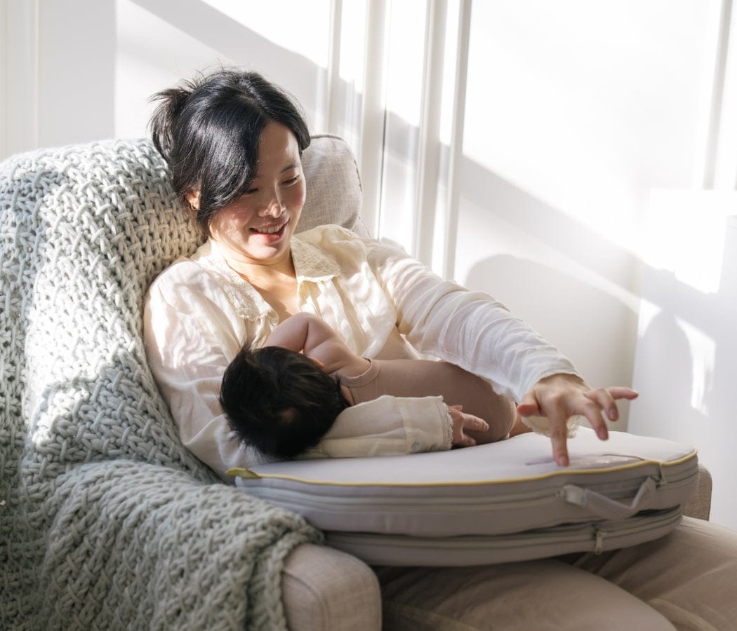 A woman sits in a chair breastfeeding a baby, using a grey nursing pillow. Sunlight streams in from a nearby window.
