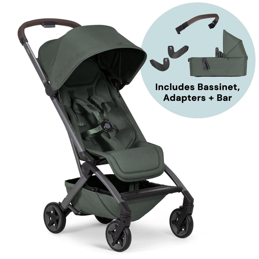 Joolz Aer2 Lightweight Compact Stroller Newborn Bundle - Forest Green / Mid Brown Carbon - NB-440201-440251