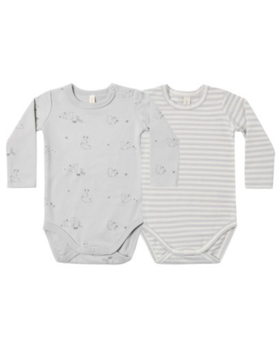Two long sleeve baby bodysuits in grey one with squirrel print and one with horizontal stripes