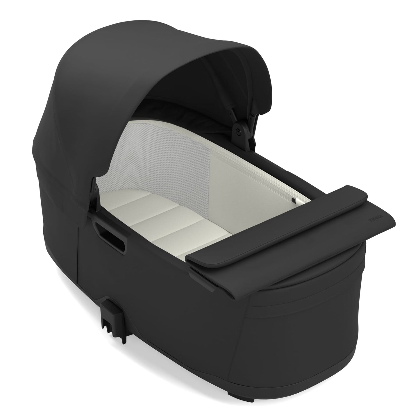 Thule black bassinet with white interior lining and canopy