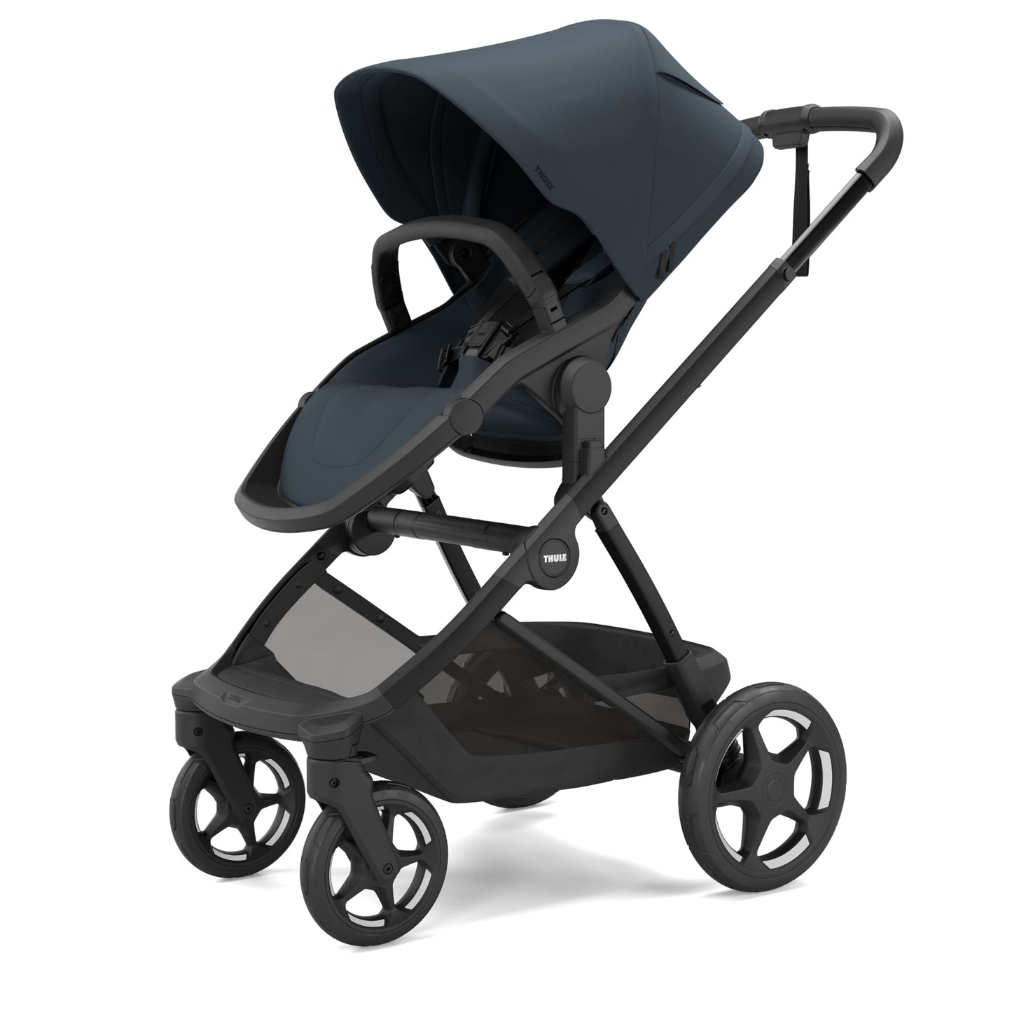Thule Sleek stroller in navy blue with black frame and storage basket