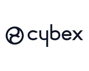 The Cybex logo is centered against a white backdrop, flanked by a dark green border above and below. The logo consists of a circular emblem to the left of the brand name “cybex” in dark blue lowercase lettering.
