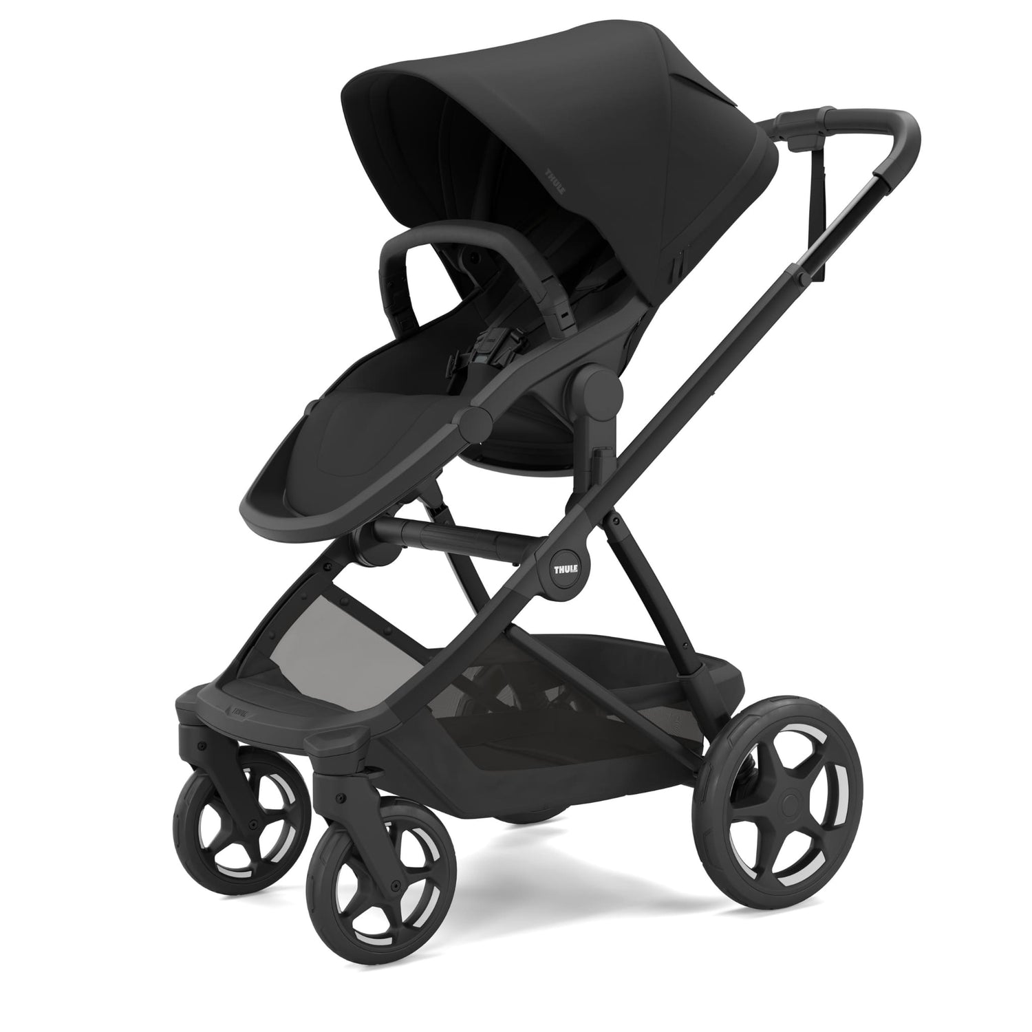 Thule black stroller with four wheels and storage basket