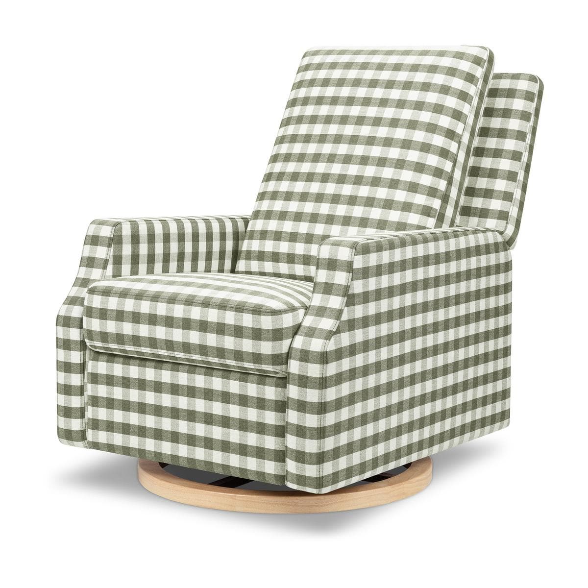 Namesake Crewe Recliner and Swivel Glider - Moss Green Gingham with Light Wood Base