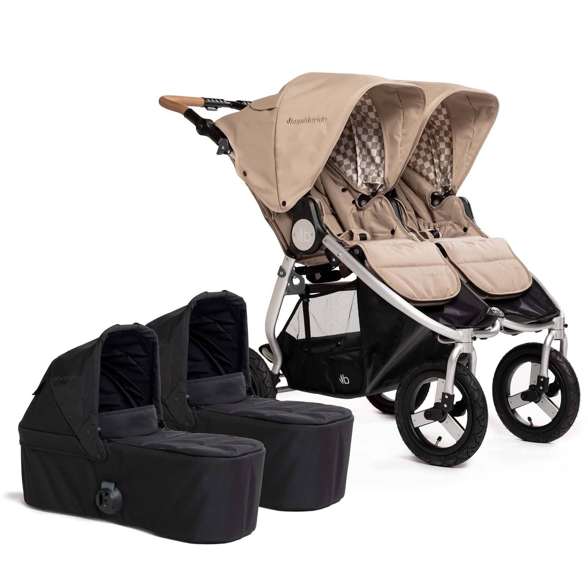Bumbleride Indie Twin Double Stroller + 2 Bassinet Bundle - Sand / Black - 2-IT-985SA-BTN-82LC