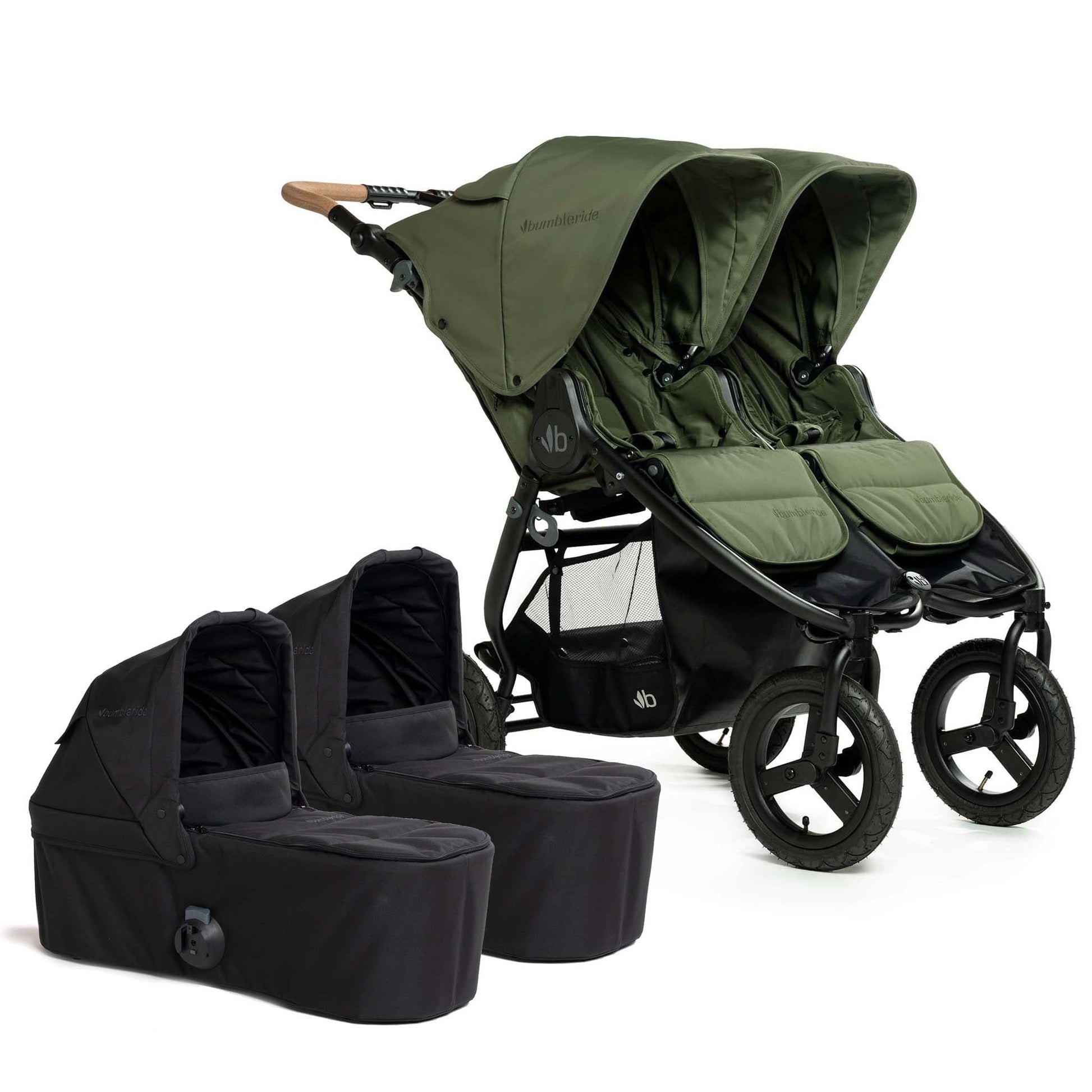 Bumbleride Indie Twin Double Stroller + 2 Bassinet Bundle - Olive / Black - 2-IT-985VE-BTN-82LC
