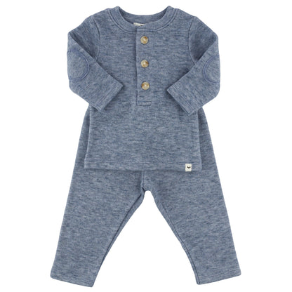 Oh Baby! Honeycomb Henley Elbow Patch 2pc Set - Denim, 3-6M