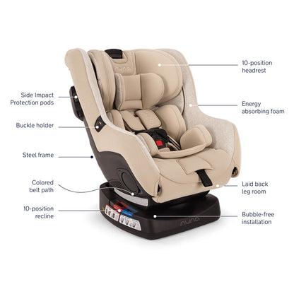 Nuna car seat features diagram showing headrest, foam, frame, recline, and installation details