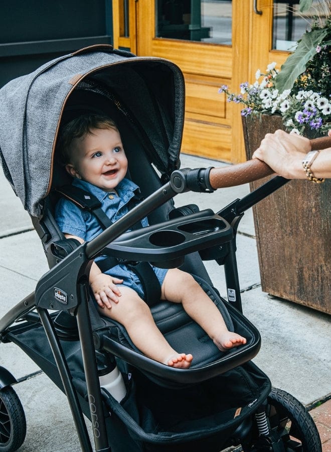 A baby sits in a black stroller with a gray canopy, smiling up. An adult's hands push the stroller, near flowers and a wooden door. "CORSO" text is visible.
