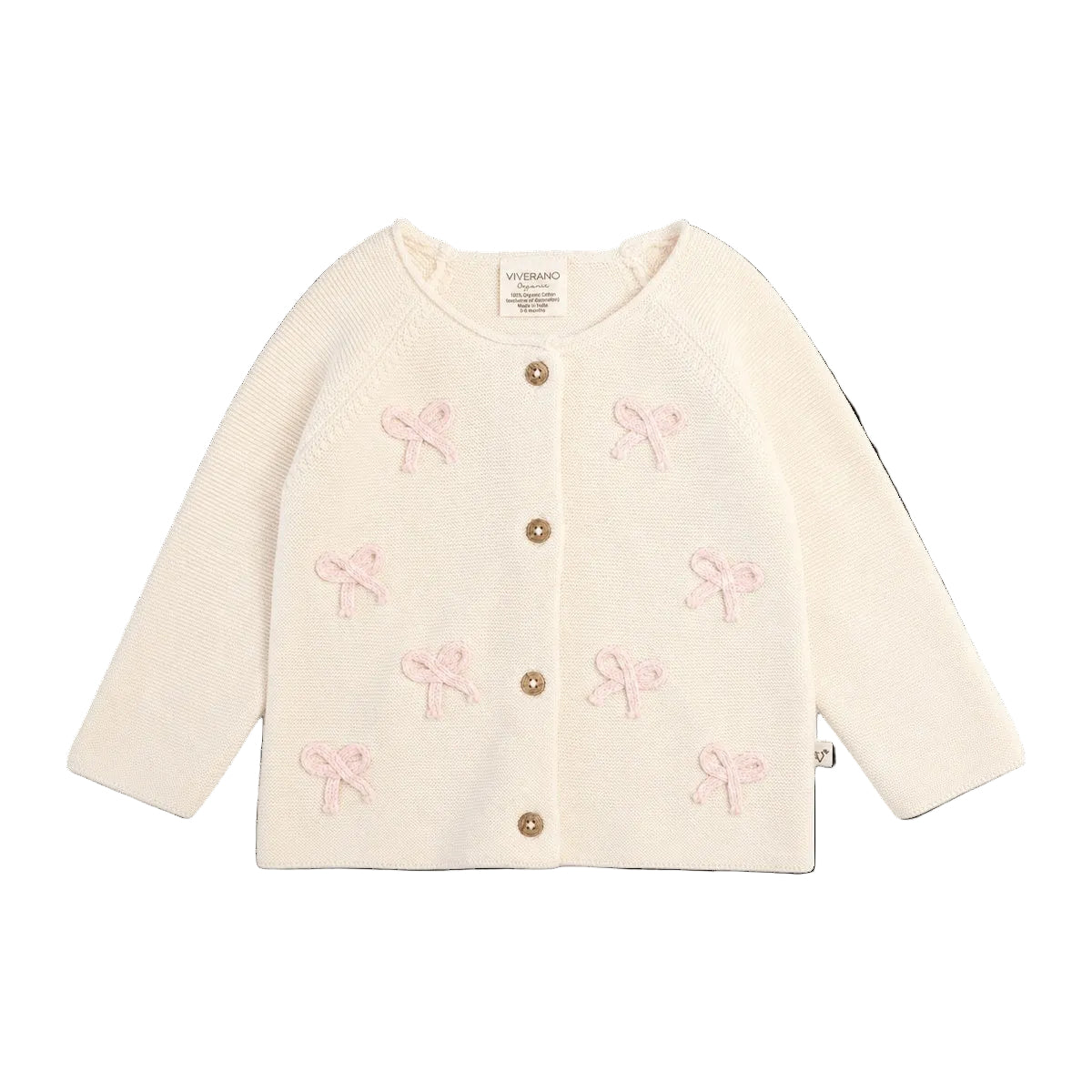 Viverano Organics Zoe Bow Sweater Knit Baby Button Cardigan (Organic Cotton) - Natural, 3-6M